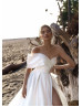 White Pleated Satin Slit Unusual Wedding Dress